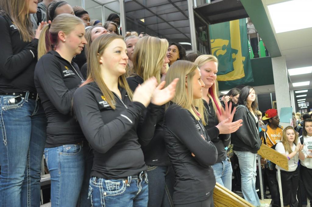 State swimmers were cheered in the front foyer Nov. 4. The Kennedy band, students, and teachers gathered to send the swimmers to the state meet in Marshalltown. 