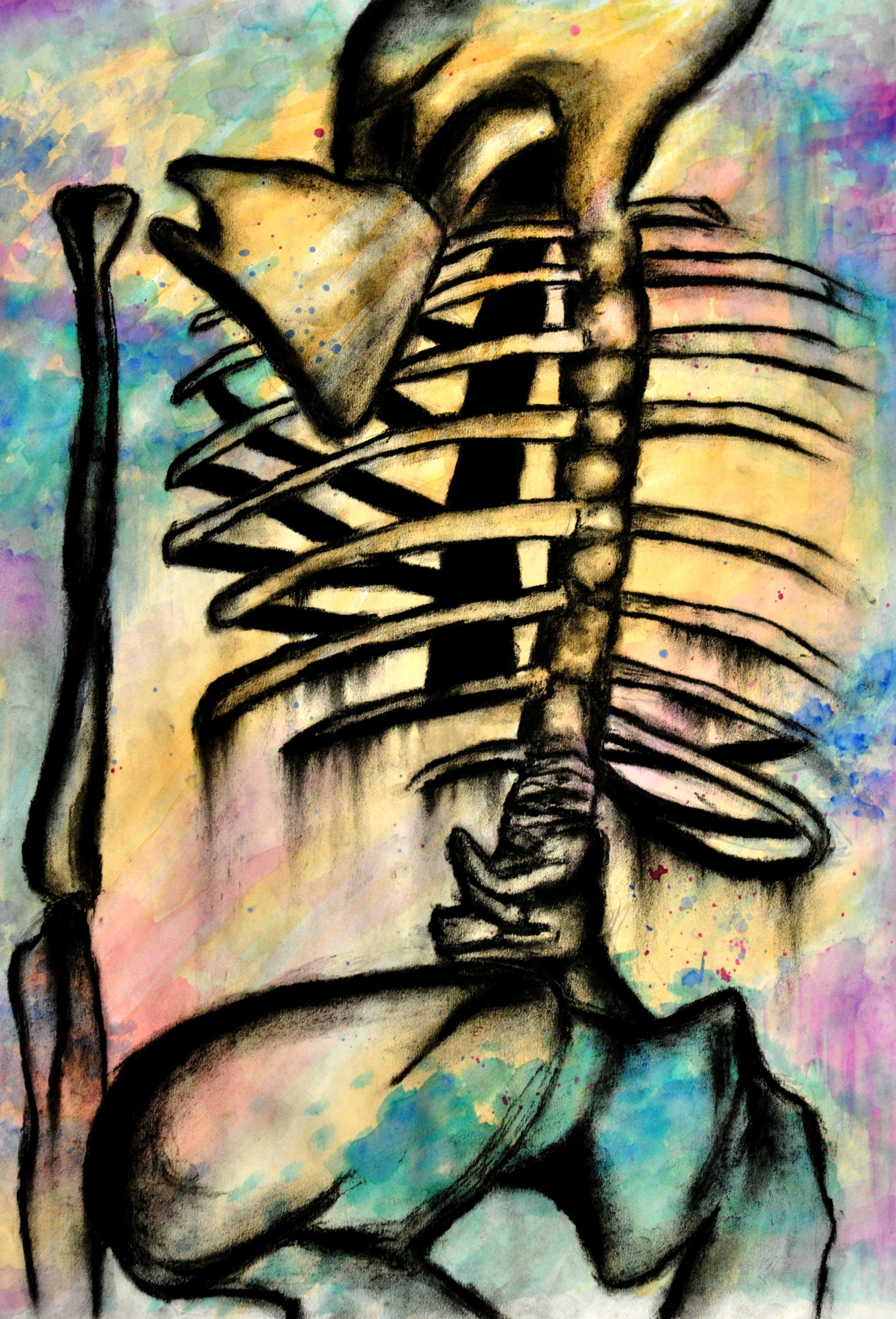 Skeleton created by Peggy Wang, sr., with charcoal and water colors.
