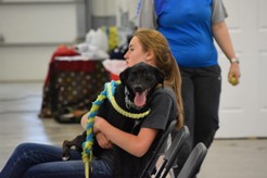 Natalie McAllister, jr., waits with one of her three dogs that she trains for competitions. 