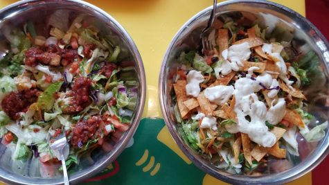 Fuzzy Taco's grilled veggie and grilled fish salads.