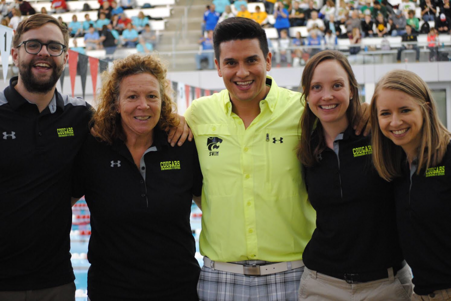 Swimming and Diving coaches from left to right: Sam Raiche, Leslie Nelson, Ivan Sanchez, Jody Peterson and Amanda Jacobsen