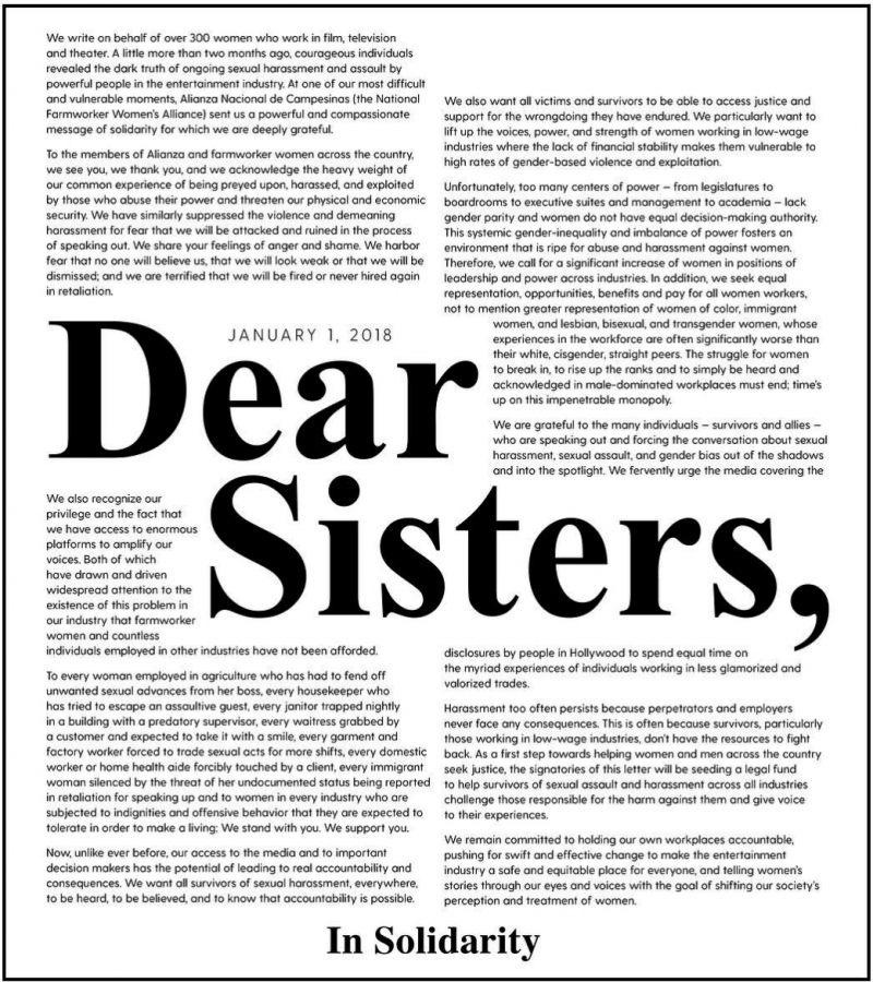Photo of the message Time's Up attempts to convey. This was posted on Instagram by hundreds of influential females in support of the Time's Up campaign, which was in response to the accusations against Harvey Weinstein and several other male figures in Hollywood.