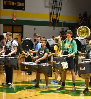 Band students help hype up the students at the fall pep assembly.
