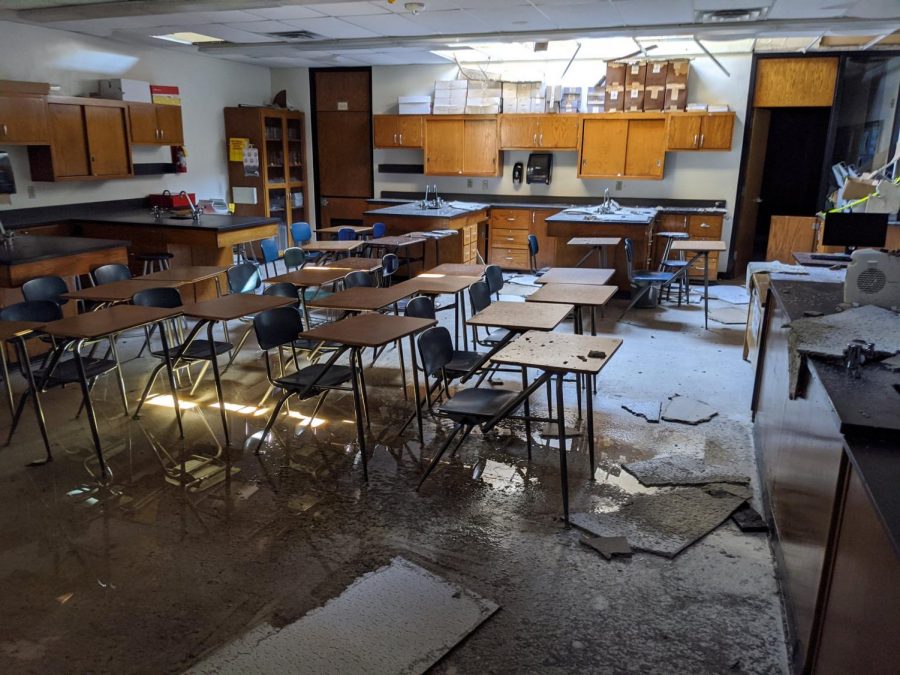 Derecho winds caused the roof to fall in around the school.