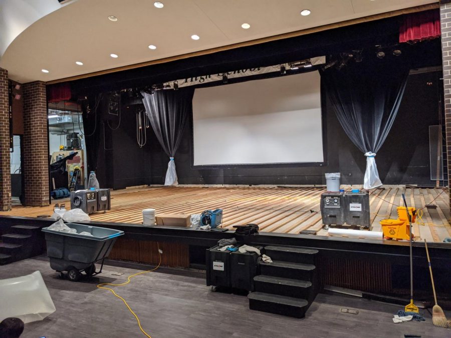 The Kennedy High School Auditorium under renovations due to extensive damage from the storm.