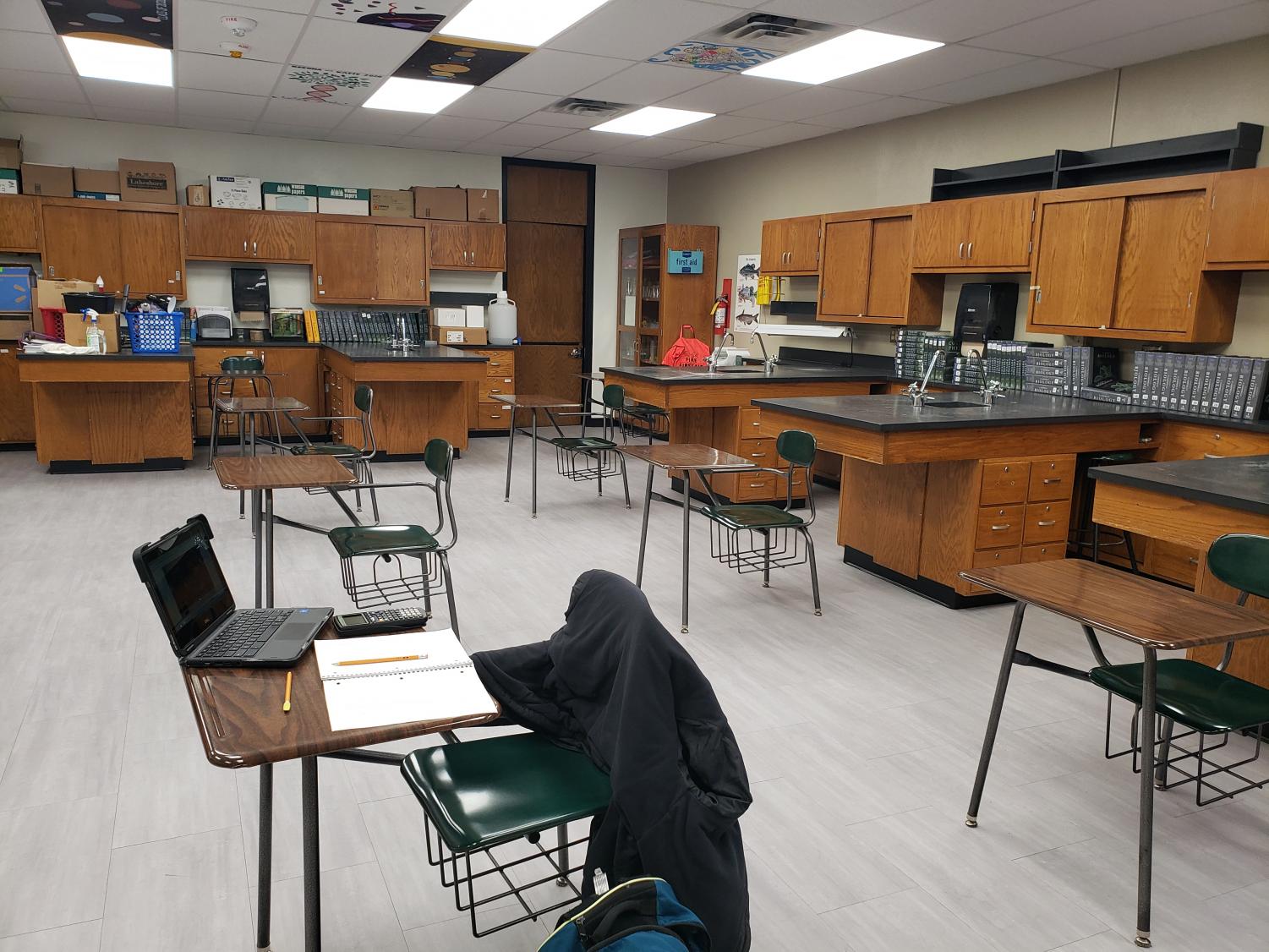 An empty classroom after seniors have left campus for lunch.