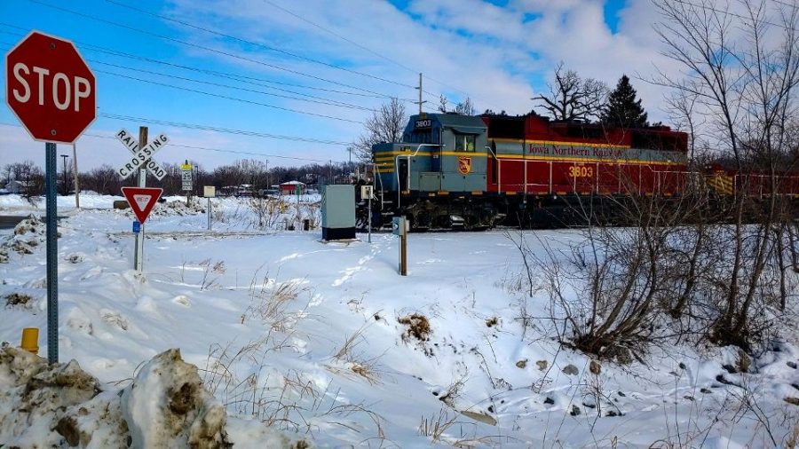 The train involved in the accident sits motionless on the tracks.