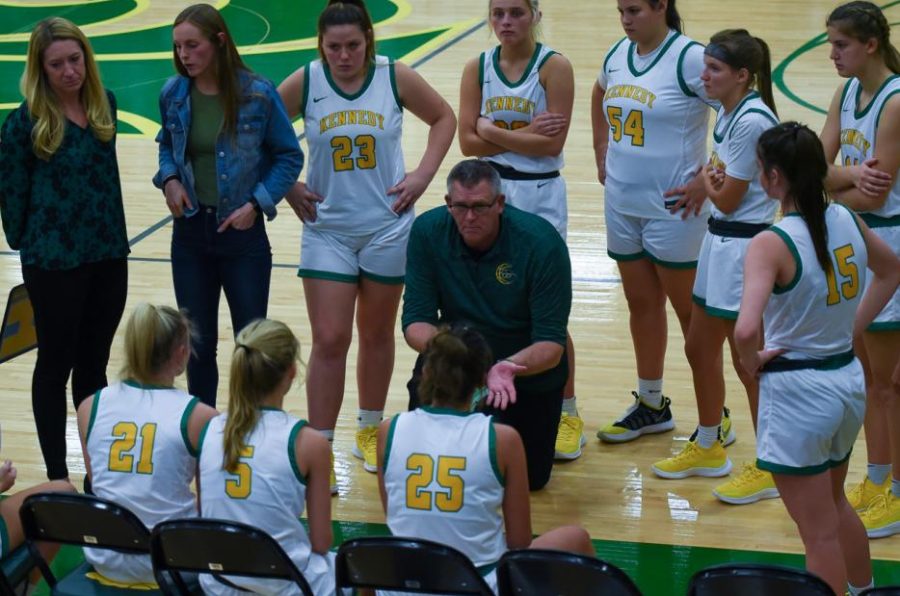 Andy Courtney coaches the girls team during a time out.