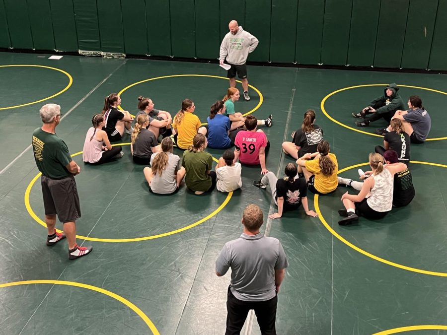 Girls wrestling on the first day of practice.