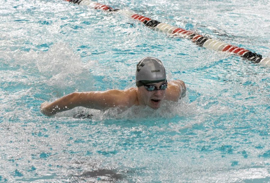 Tyler Brekke swims the butterfly in an individual event.