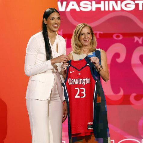  Stephanie Stores posing for a picture after being choose 4th overall to the Washington Mystics
