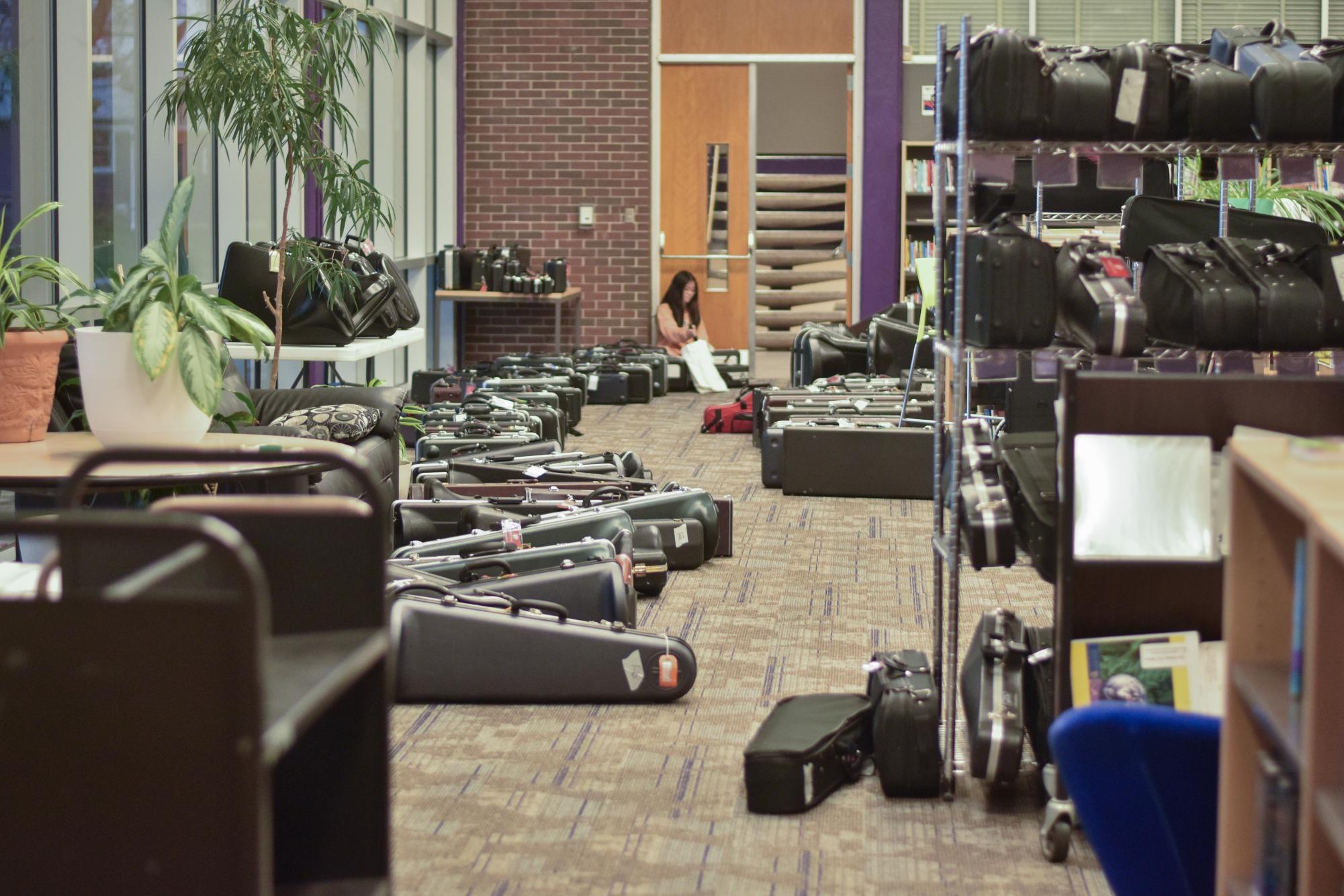 The orchestra and band instruments are stored in the back of the library instead of the unsafe domes.