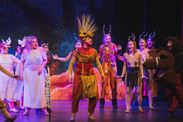 Singing "Hakuna Matata," senior Samuel Larson makes his first appearance as the grown-up version of Simba.