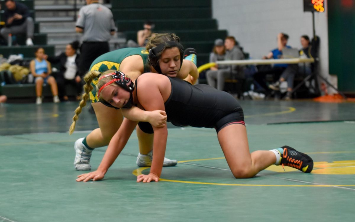 Varsity Sophomore Meredith Kaump takes down her opponent.