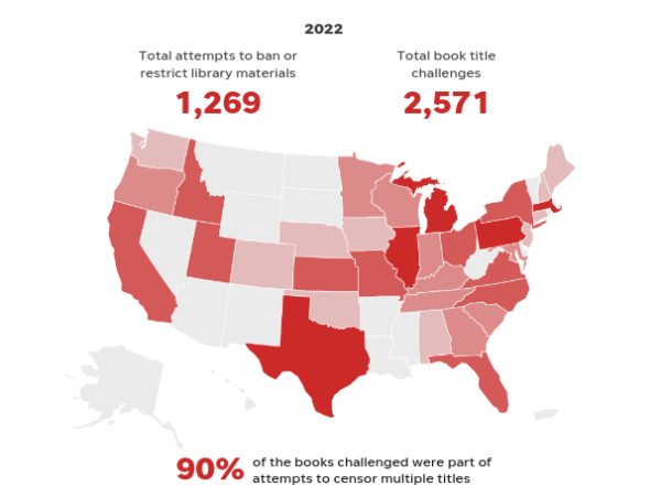Thematic map displaying book ban attempts nationally in 2022.

Source: American Library Association Office for Intellectual Freedom