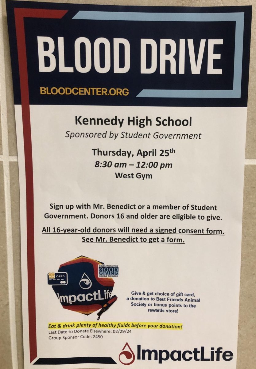Flyer posted in Kennedy hallway containing information for the blood drive.