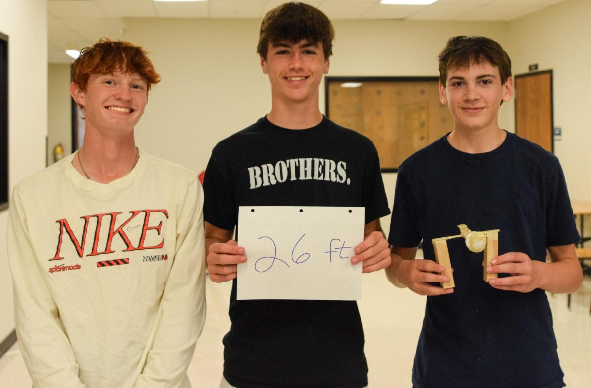 Sophomores Brady Paulson, Sam Myers, and Reece Roelofs win the ping-pong ball launching competition with a 26 foot distance.