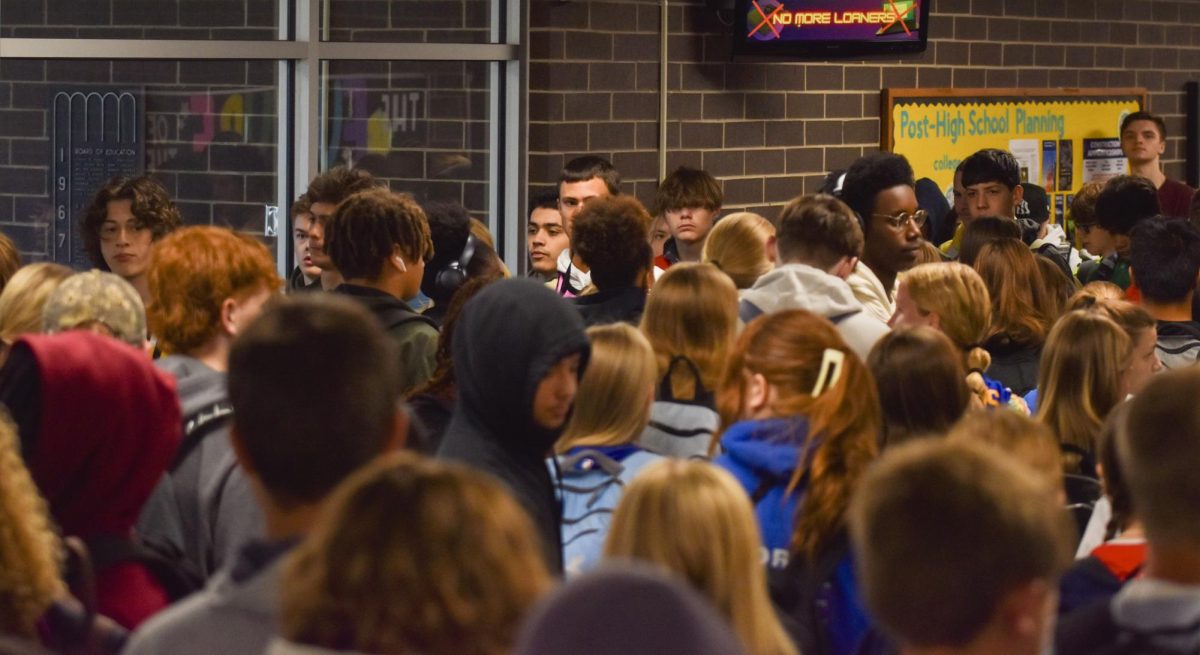 The crowded halls of Kennedy High School during passing time.