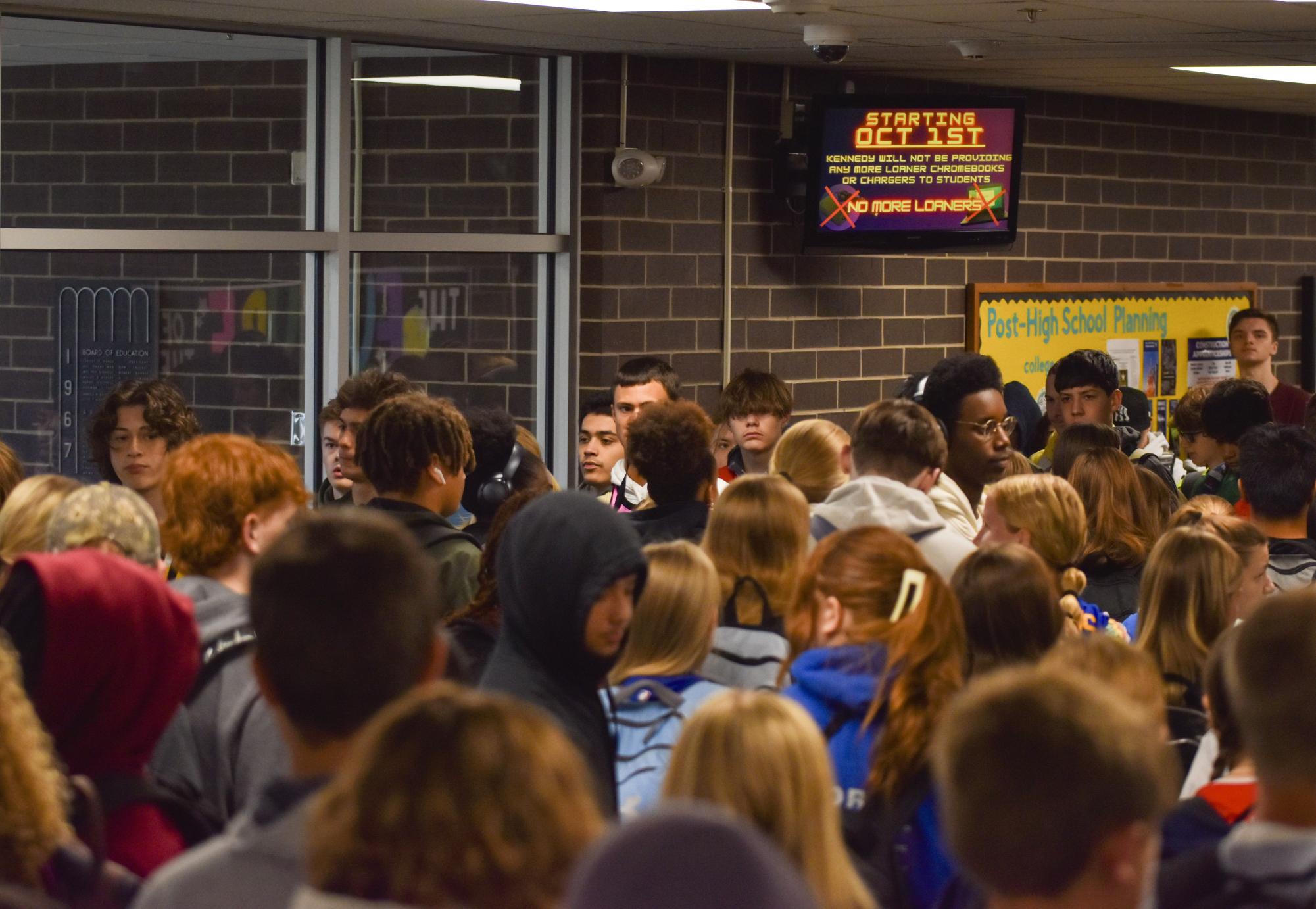 The crowded halls of Kennedy High School during passing time.