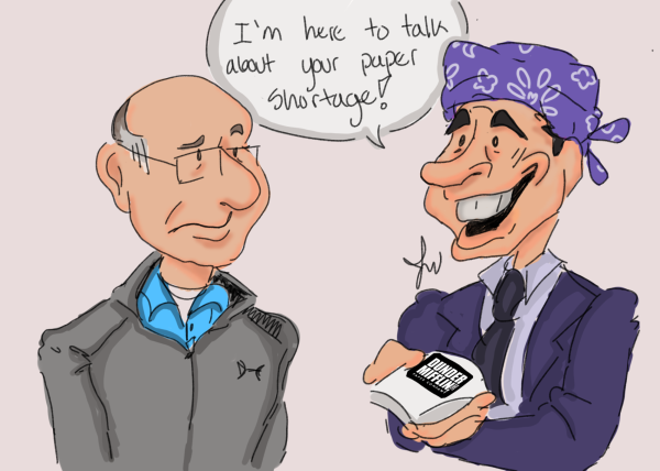 "Got Paper?": This editorial cartoon addresses the current paper shortage going on at Kennedy High School. Hence why Mike from the office is talking to Kline, because he owns a paper company. This is a comedic take on the current dilemma that our school is facing.