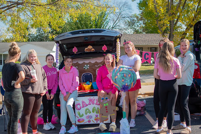 Members of FCCLA group together for a photo, showcasing their car theme of the board game Candy Land. 