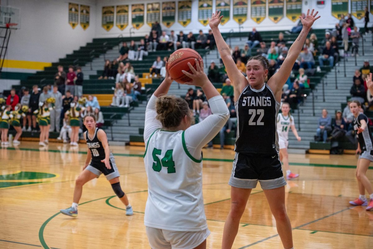 With a Mount Vernon defender standing tall in front of her Addy Stallman looks to make a pass to the paint.