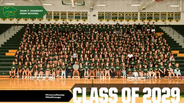 Posing for a class photo, Kennedy's class of 2029 prepares for their school year as incoming freshman.