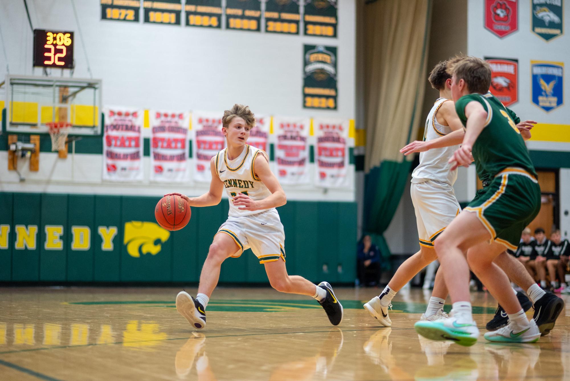 Escaping the Hempstead defender, freshman Brooks Greenlee creates space as he tries to find a shot.